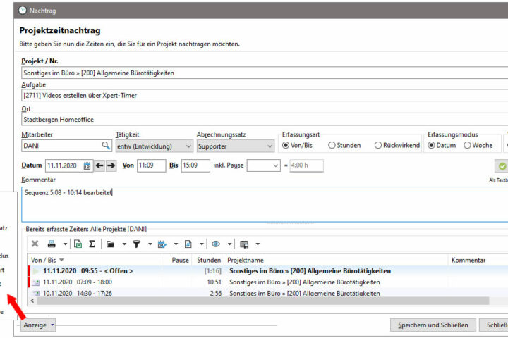 Dialog zum Nachtrag von Projektzeiten
