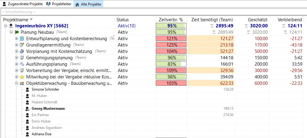 Projektliste im Xpert-Timer