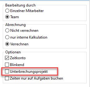 Unterbrechungen während der Projektarbeitszeit. Menü zur Auswahl des Unterbrechungsprojekts.