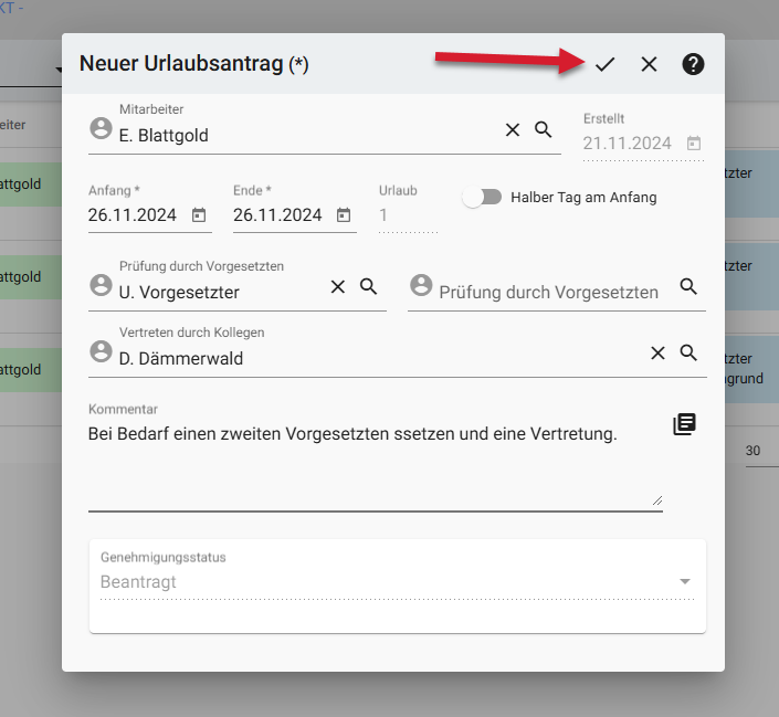 Bildschirmfoto des Dialogs eines neuen Urlaubsantrags.