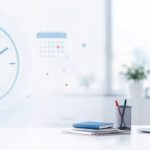 Helle Bueroszene mit stilisierter Uhr und Kalender in Hellblau, Symbol fuer Arbeitszeit und Zeiterfassung