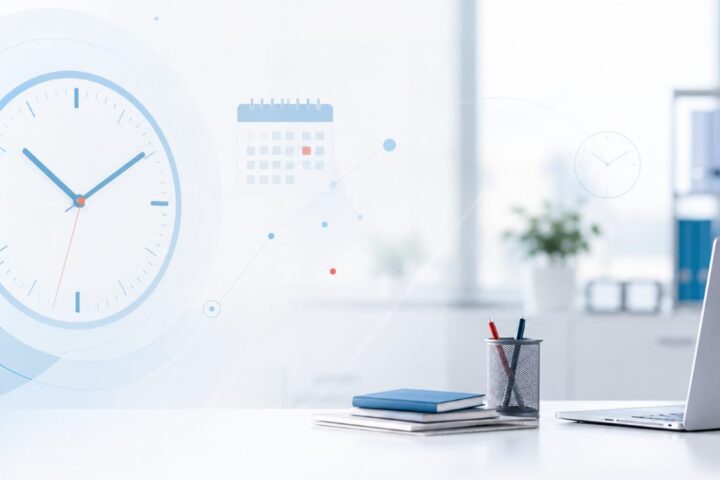 Helle Bueroszene mit stilisierter Uhr und Kalender in Hellblau, Symbol fuer Arbeitszeit und Zeiterfassung