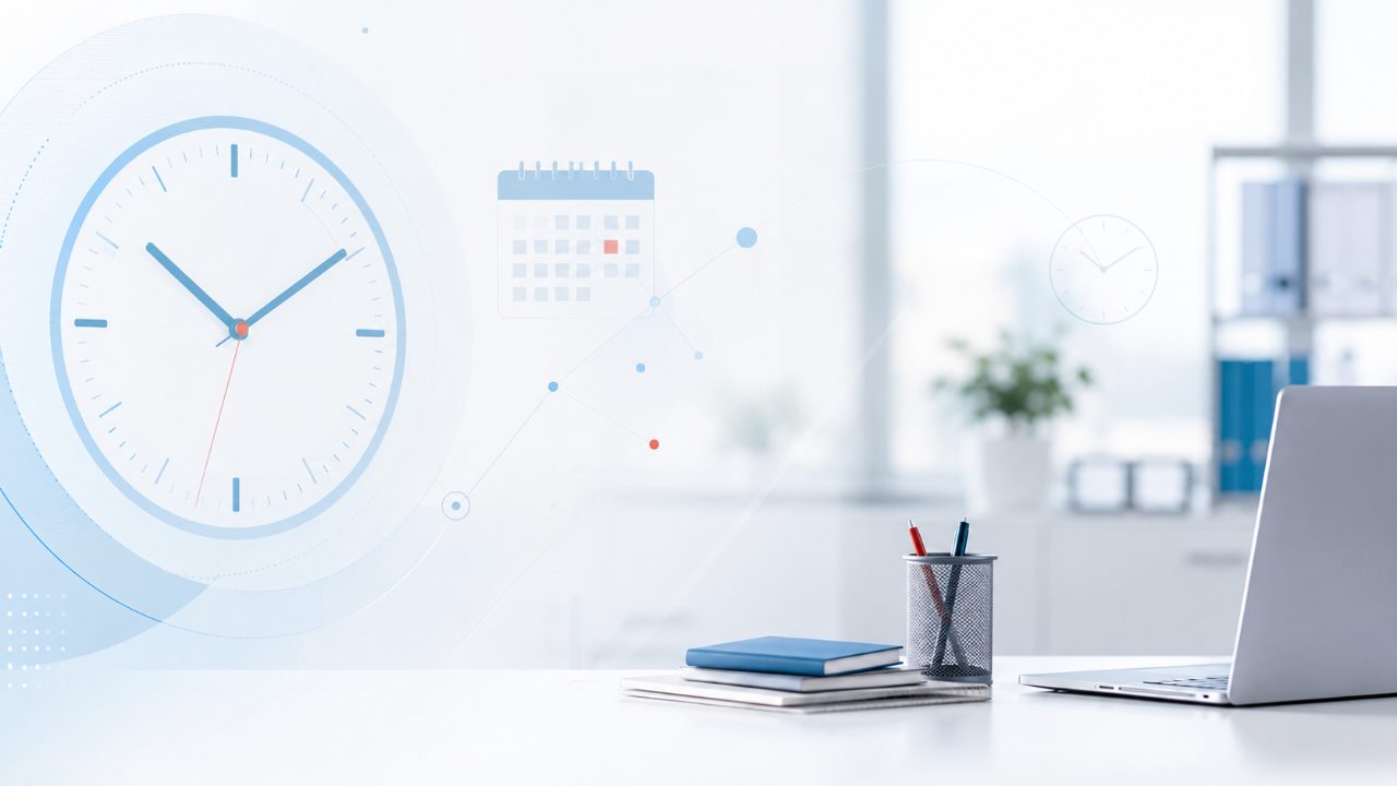 Helle Bueroszene mit stilisierter Uhr und Kalender in Hellblau, Symbol fuer Arbeitszeit und Zeiterfassung