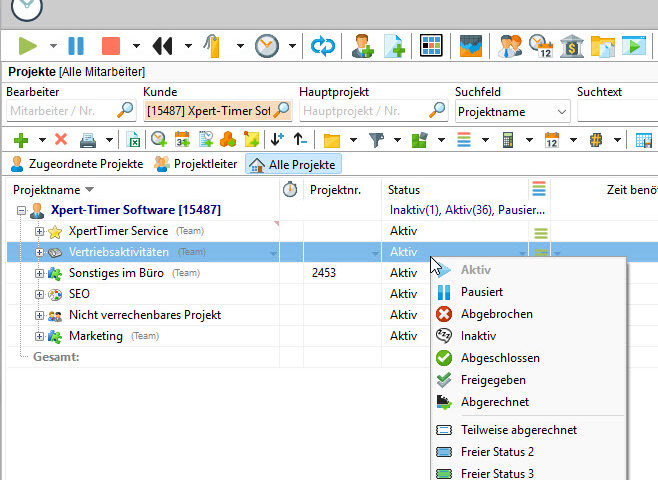 Ändern des Status in der Projektzeiterfassung