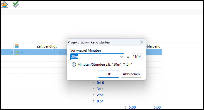 Projektzeit rückwirkend starten screenshot
