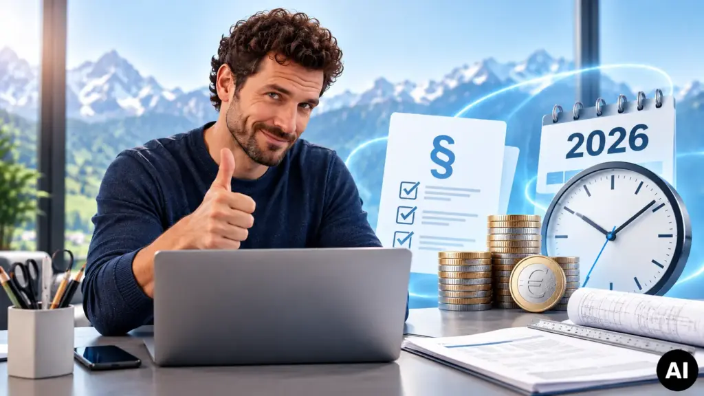 Mann arbeitet am PC und dokumentiert den Mindestlohn.