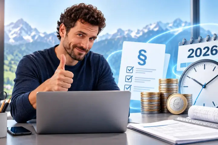 Mann arbeitet am PC und dokumentiert den Mindestlohn.